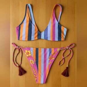 Reversible Festival Vibes Striped Floral Bikini Set Size S NWOT
